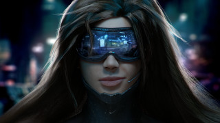 Futuristic woman helmet goggles city - a cityscape in the background free wallpaper