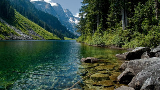 Mountain lake trees rocks background 3 - a mountain range in the background free wallpaper