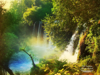 Waterfall forest rainbow sky river - matte fantasy painting free wallpaper