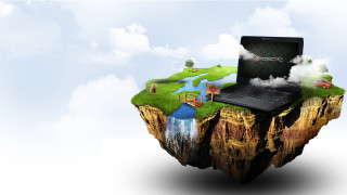 Laptop floating island lake bridge - a laptop computer free wallpaper