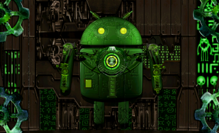 Green robot glowing eyes background - cyberpunk art free wallpaper