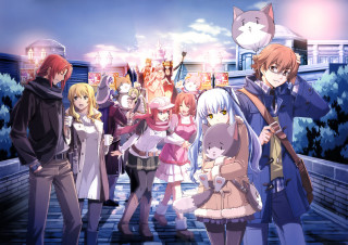 Anime characters building cat head - their shoulder free wallpaper