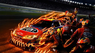 Flaming car track race crowd - other car behind free wallpaper