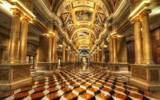 Checkered floor gold columns clock - floor free wallpaper