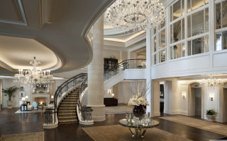 Large foyer chandeliers staircase second - luxury free wallpaper