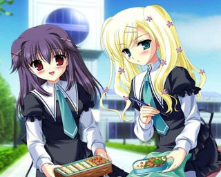 Anime girls bench food building - a building in the background free wallpaper