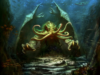 Octopus swimming gigantic fish cave - arm free wallpaper