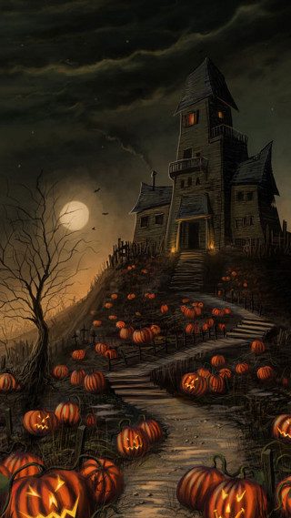 Halloween scene pumpkins house hill - a detailed matte painting free wallpaper