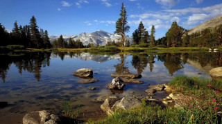 Lake rocks trees mountain blue 2 - ansel adams free wallpaper