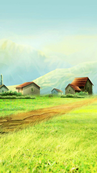 Rural landscape horse barn mountains - matte painting free wallpaper