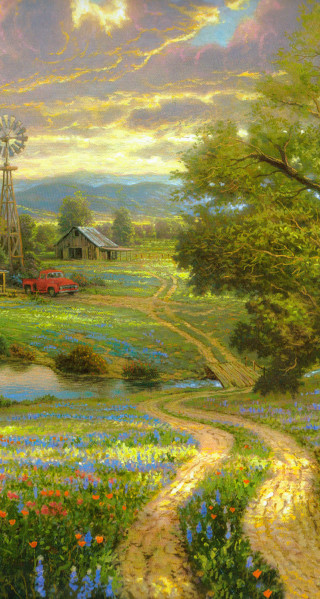 Farm windmill redtruck flowerfield sunset - kinkade free wallpaper