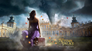 Woman purple dress suitcase building 2 - a suitcase in front free wallpaper