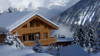 Snow covered house mountain clouds - art free wallpaper
