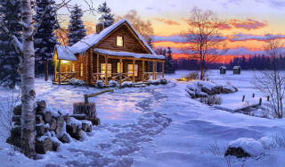 Cabin snow sunset path fireplace - sunset free wallpaper