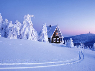 Snowy house mountains trees blue - a matte painting free wallpaper