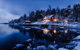 House lake snow trees night - a house free wallpaper