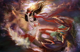 Woman red dress boat water - a painting of a woman free wallpaper