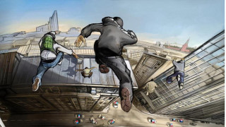 Skateboard jump bridge graffiti buildings - extreme illustration free wallpaper