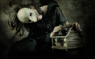 Woman mask typewriter house creepy - holding free wallpaper