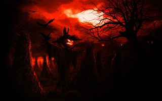 Red sky birds flying trees - dark fantasy art free wallpaper