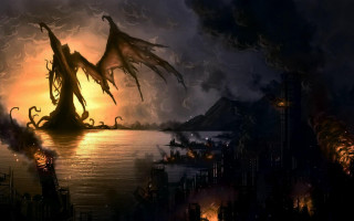 Dragon flying city night fire - the water free wallpaper