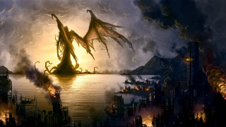 Dragon flying city night fire 3 - lovecraftian free wallpaper