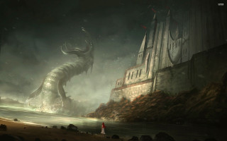 Giant dragon castle cliff water - a castle free wallpaper