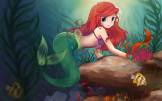 Mermaid sitting rock fish hand - pop surrealism free wallpaper
