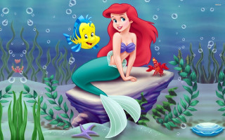 Little mermaid sitting rock fish 2 - pop surrealism free wallpaper