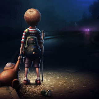 Boy backpack dark teddy bear 3 - storybook illustration free wallpaper