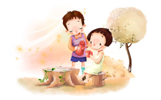 Boy girl stump playing heart - a tree in the background free wallpaper for desktop