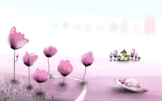 Pink flowers house boat water - metaphysical painting free wallpaper