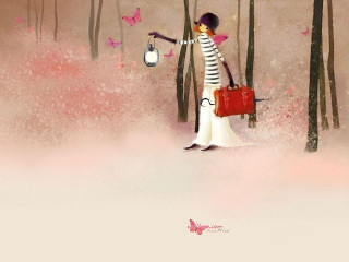 Woman red purse lantern forest - butterfly free wallpaper