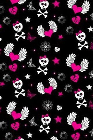 Black background pink white skulls - a pink heart free wallpaper