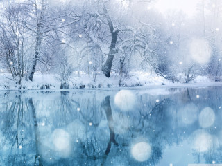 Snowy lake trees snowflakes water 4 - a matte painting free wallpaper