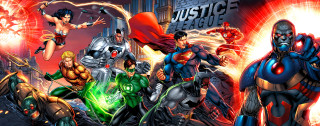 Superheroes city scene red green - a red light behind them free wallpaper