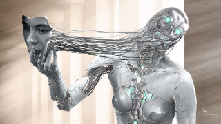Woman cathead cattail cellphone holding - biomechanical free wallpaper