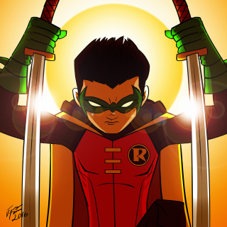 Cartoon man two swords red - a yellow background free wallpaper
