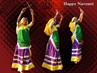 Colorful dresses dancing women sticks - a red background behind them free wallpaper