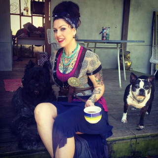 Woman dog coffee step relaxing - maximalism free wallpaper