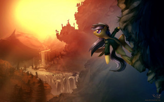 Cartoon pony cliff waterfall sunset - a waterfall in the foreground free wallpaper