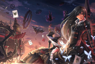 Woman knife city birds flying - a knife in front free wallpaper