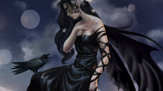 Woman black dress bird shoulder - dark fantasy art free wallpaper