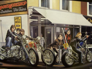 Motorcycles group shop window woman - ed roth free wallpaper