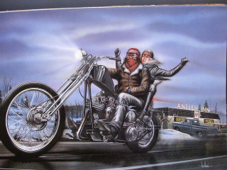 Man woman motorcycle ride road 2 - a truck in the background free wallpaper