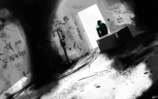 Man bench dark room graffiti - adrian ghenie free wallpaper