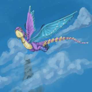 Purple yellow dragon flying clouds - dragon art free wallpaper