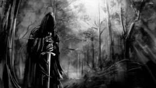 Dark forest hooded man sword - fog and trees free wallpaper