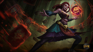 Woman dress holding ball demon - her hand and a demon in the background free wallpaper