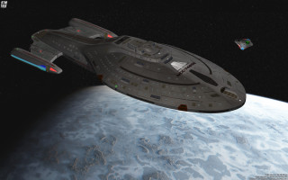 Spaceship flying planet sky satellite - over a planet in the sky free wallpaper